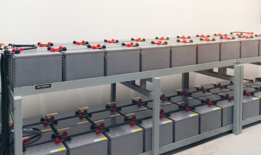 Battery pack in battery room in power plant for supply electricity in plant during shutdown phase, Rows of batteries in industrial backup power system.